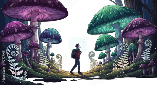 A lone figure explores a vibrant, enchanted mushroom forest; colossal glowing fungi illuminate a surreal path of magical discovery and awe-inspiring wonder