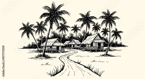 Ink sketch vector illustration of a serene tropical village with palm trees and a winding road