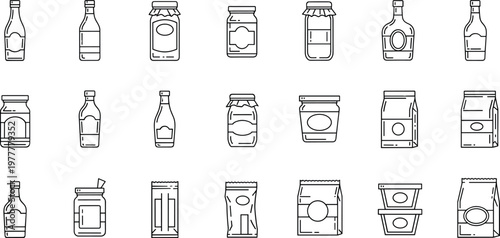 Set of Line Icons Representing Food Bottles, Jars, Condiments, and Packaging for Food Industry and Product Packaging Design
