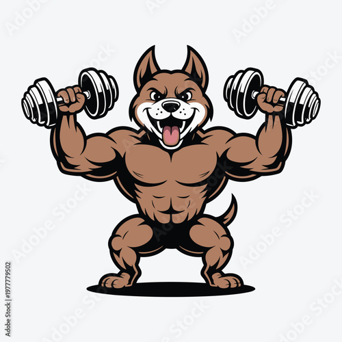 Cartoon brown dog character lifting dumbbells with flexed muscles character muscular
