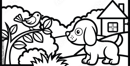Line art drawing of a small dog and a bird near a tree and house with black and white