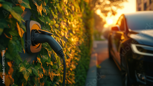 Modern EV Charger at Home with Green Plants and Sunset Lighting Representing Eco-Friendly Lifestyle