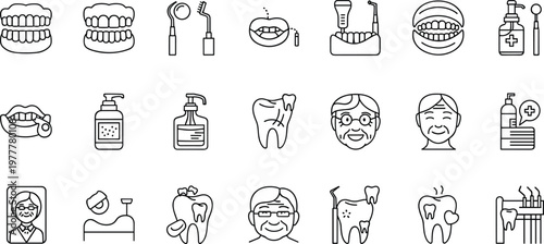 Set of Line Icons Representing Dentures, Oral Health, Dental Care Products, and Senior Dental Services for Geriatric Dentistry and Oral Hygiene