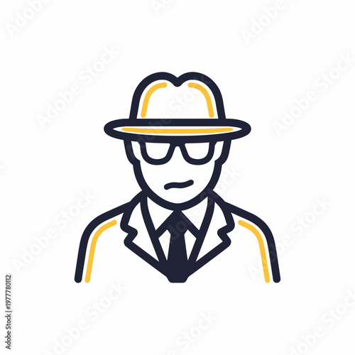 A curious illustration of a man with hat, coat and glasses, it gives a sense of mystery and intrigue.