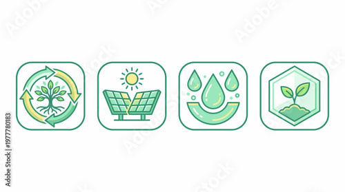 Eco Friendly Infographic Element Set, Solar Energy and Water Conservation Outline Vector