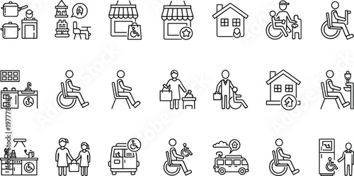 Set of Line Icons Representing Disability Assistance, Home Care, Accessibility Services, and Support for Disabled Individuals