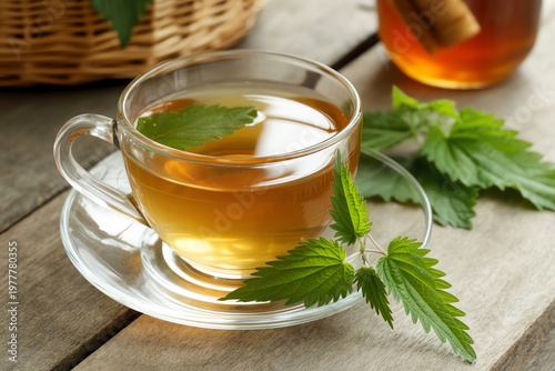 Healthy fresh stinging nettle tea served in clear glass cup with green leaves on wood