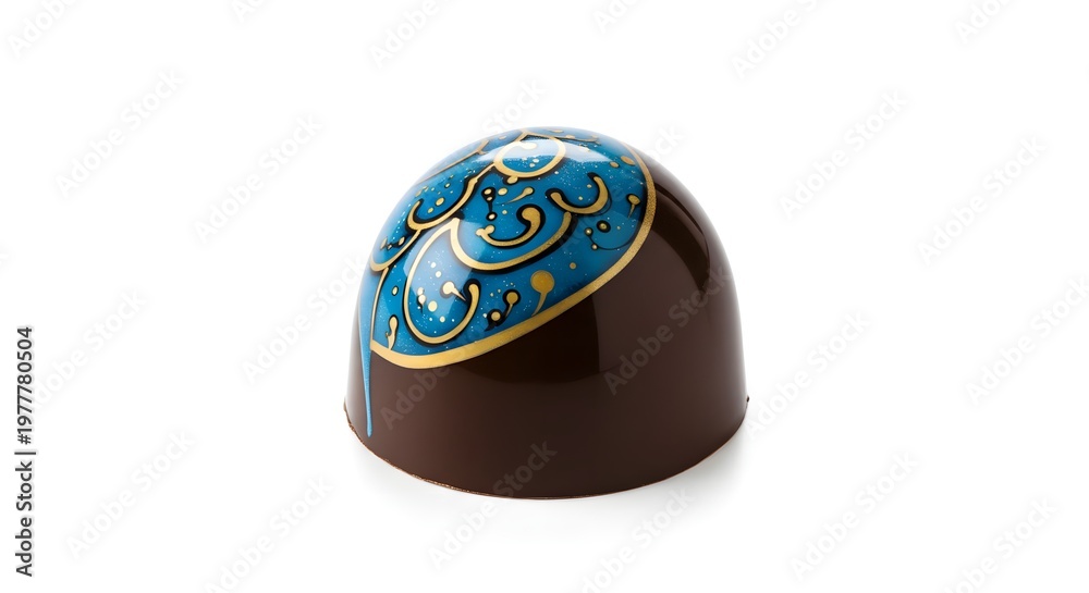 Fototapeta premium Close-up shot of a single, beautifully decorated chocolate candy. The chocolate is dark and glossy, with a vibrant, intricate design on top