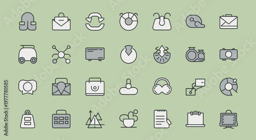 Collection of Business and Technology Icons on a Green Background.