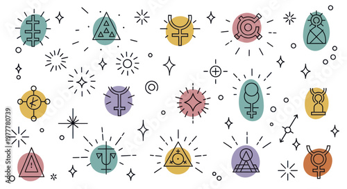Collection of Esoteric Symbols and Mystical Icons with Celestial Elements.