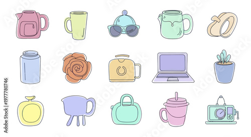 Collection of everyday objects in a minimalist line art style.