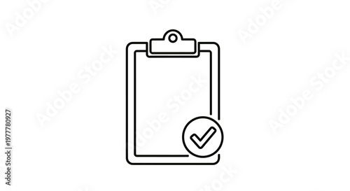 Clipboard icon with checkmark inside circle, simple line art
