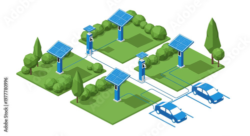 Solar Powered EV Charging Station Isometric Illustration, Green Energy Electric Vehicle Infrastructure with Solar Panels and Low Poly Trees