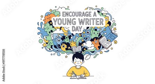 Illustrations to encourage a Young Writer Day show a boy reading, with a playful, cartoonish vector design of imaginative characters and books floating above him against a clean white
