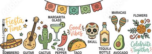 Mexican Fiesta Festive Elements, Illustration Doodle Cartoon Collection