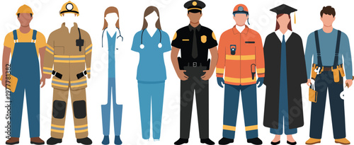 Flat minimalist illustration of diverse professional workers including firefighter police healthcare and construction staff vector design