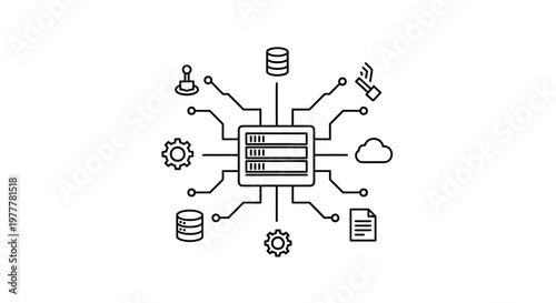Central processing unit connected to various icons representing data, cloud, and operations