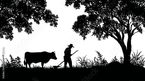 Farmer with a Hoe and Cow in Rural Scene Silhouette Black Countryside Illustration
