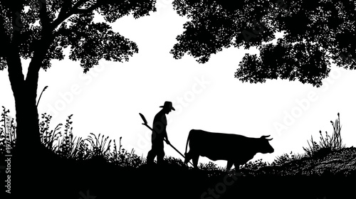 Farmer with a Hoe and Cow in Rural Scene Silhouette Black Countryside Illustration