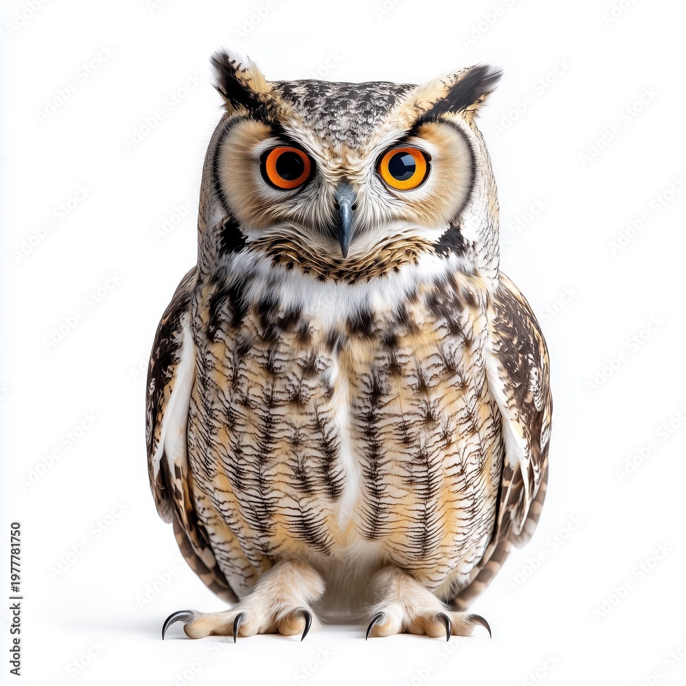 Obraz premium A wise and alert owl with striking orange eyes and intricate feather patterns on a white background looking forward