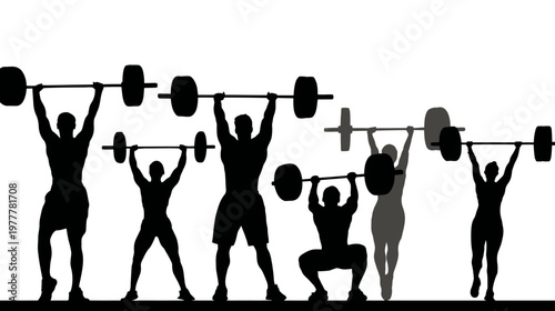 Group of Athletes Lifting Barbells in Different Poses in Dynamic Strength Training Scene