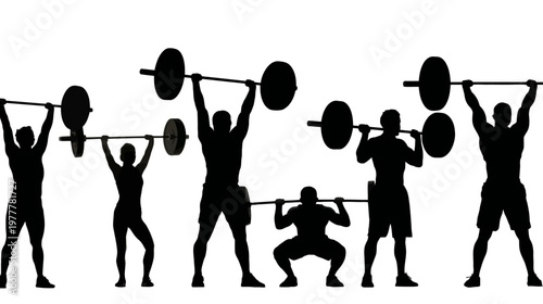 Group of Athletes Lifting Barbells in Different Poses in Dynamic Strength Training Scene