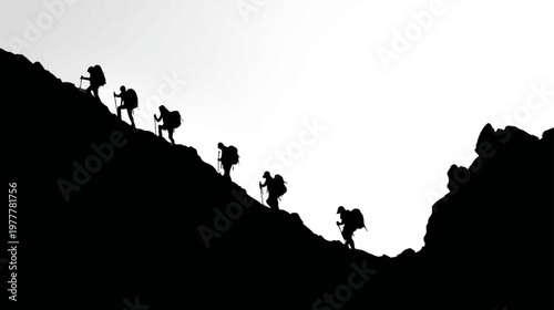 Group of Climbers Ascending a Rocky Slope in Different Positions in Outdoor Adventure Scene