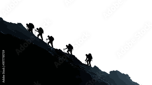Group of Climbers Ascending a Rocky Slope in Different Positions in Outdoor Adventure Scene