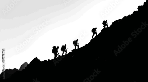 Group of Climbers Ascending a Rocky Slope in Different Positions in Outdoor Adventure Scene