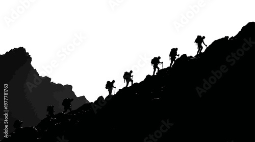 Group of Climbers Ascending a Rocky Slope in Different Positions in Outdoor Adventure Scene