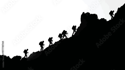 Group of Climbers Ascending a Rocky Slope in Different Positions in Outdoor Adventure Scene