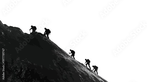 Group of Climbers Ascending a Rocky Slope in Different Positions in Outdoor Adventure Scene
