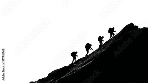 Group of Climbers Ascending a Rocky Slope in Different Positions in Outdoor Adventure Scene