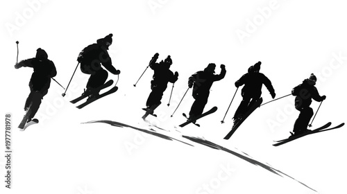 Group of Snowboarders in Action Poses Jumping Gliding and Landing in Dynamic Winter Sports Scene