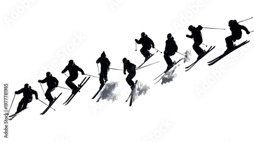 Group of Snowboarders in Action Poses Jumping Gliding and Landing in Dynamic Winter Sports Scene