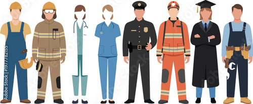Flat minimalist illustration of diverse professional workers including firefighter police healthcare and construction staff vector design