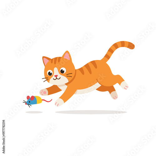 An adorable orange tabby cat playing with a colorful toy