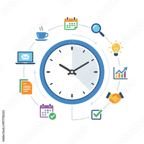 A blue and white clock surrounded by business and productivity icons