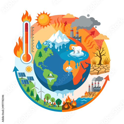 Climate change concept with earth surrounded by environmental pollution and global warming icons