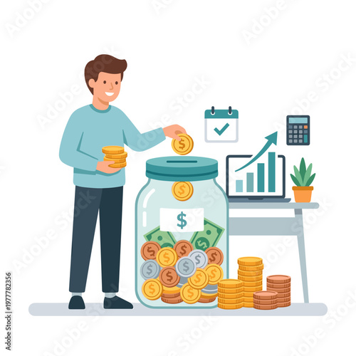 Man putting coins into a jar with money and financial items on a desk