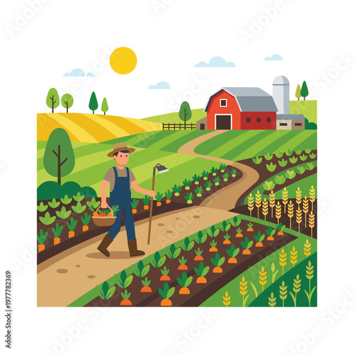 Farmer working in a lush green vegetable garden with a barn in the background on a sunny day