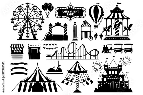 “Modern vector pack of water slides with loops and curves, black solid silhouettes, amusement park symbol design.”