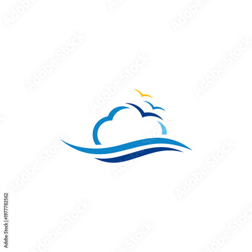 Abstract Blue Cloud and Ocean Wave Icon with Soaring Birds