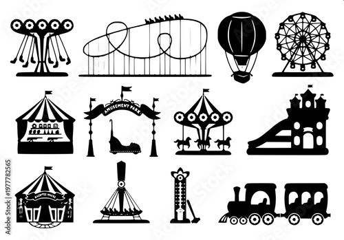 “Modern vector pack of water slides with loops and curves, black solid silhouettes, amusement park symbol design.”