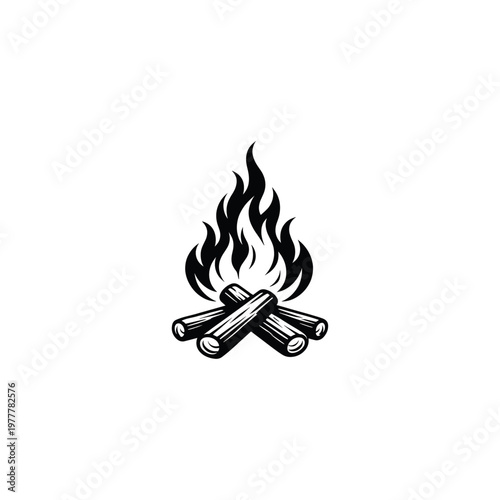 Vintage Black and White Campfire Vector Illustration with Logs