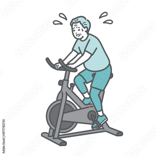 汗だくで辛そうにフィットネスバイクを漕ぐぽっちゃり体型のシニア男性のイラスト