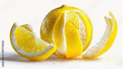 A close-up of a lemon with the peel slightly peeled back, revealing its juicy inside against a white backdrop for a refreshing feel