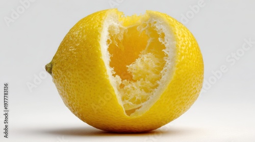 A close-up of a lemon with the peel slightly peeled back, revealing its juicy inside against a white backdrop for a refreshing feel