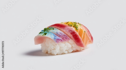 A close-up of a single piece of sushi, with fresh fish on top, set against a pure white background, showcasing the delicate craftsmanship and vibrant colors of the dish