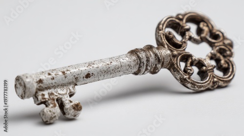 A close-up of a vintage key with intricate metalwork and a faded, antique white-back, set on a white background to highlight its historical charm and craftsmanship